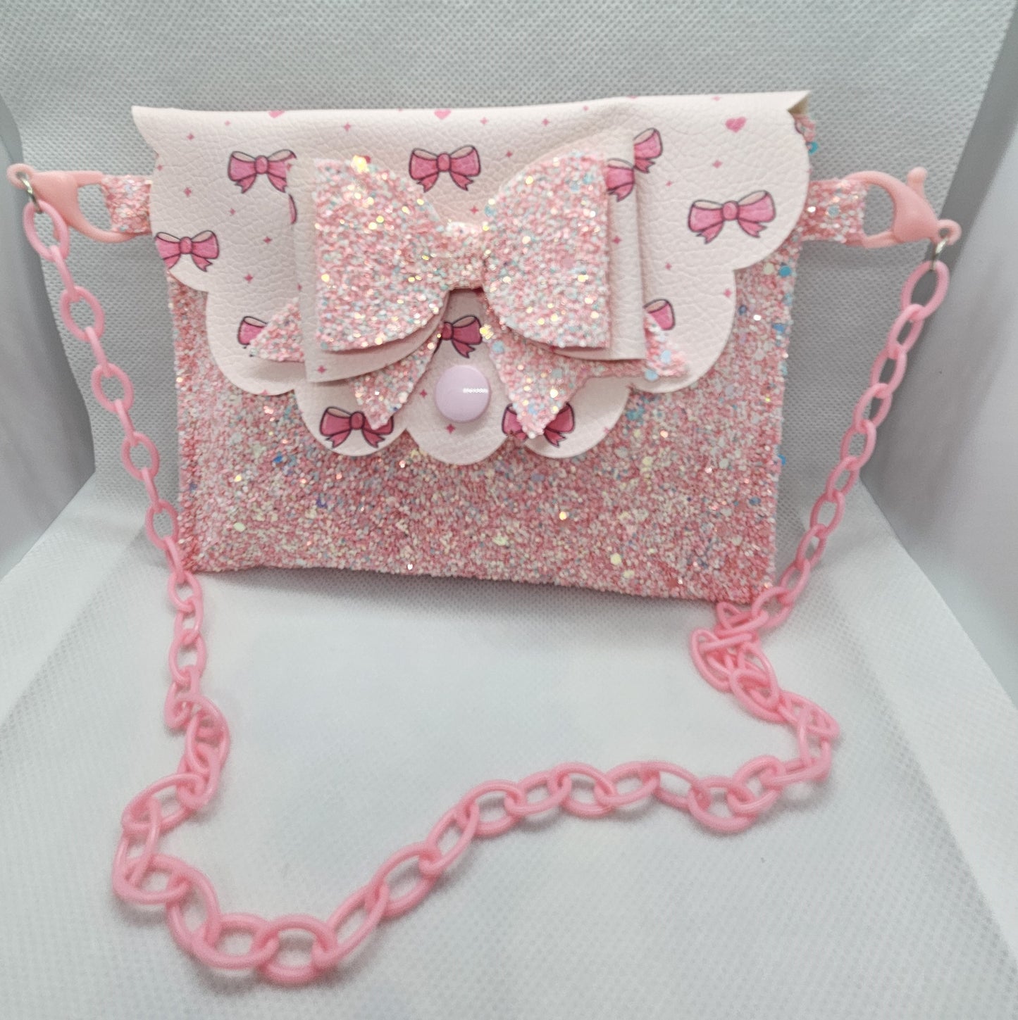 Faux Leather Kids Purse - Pastel Pink Bow Glitter