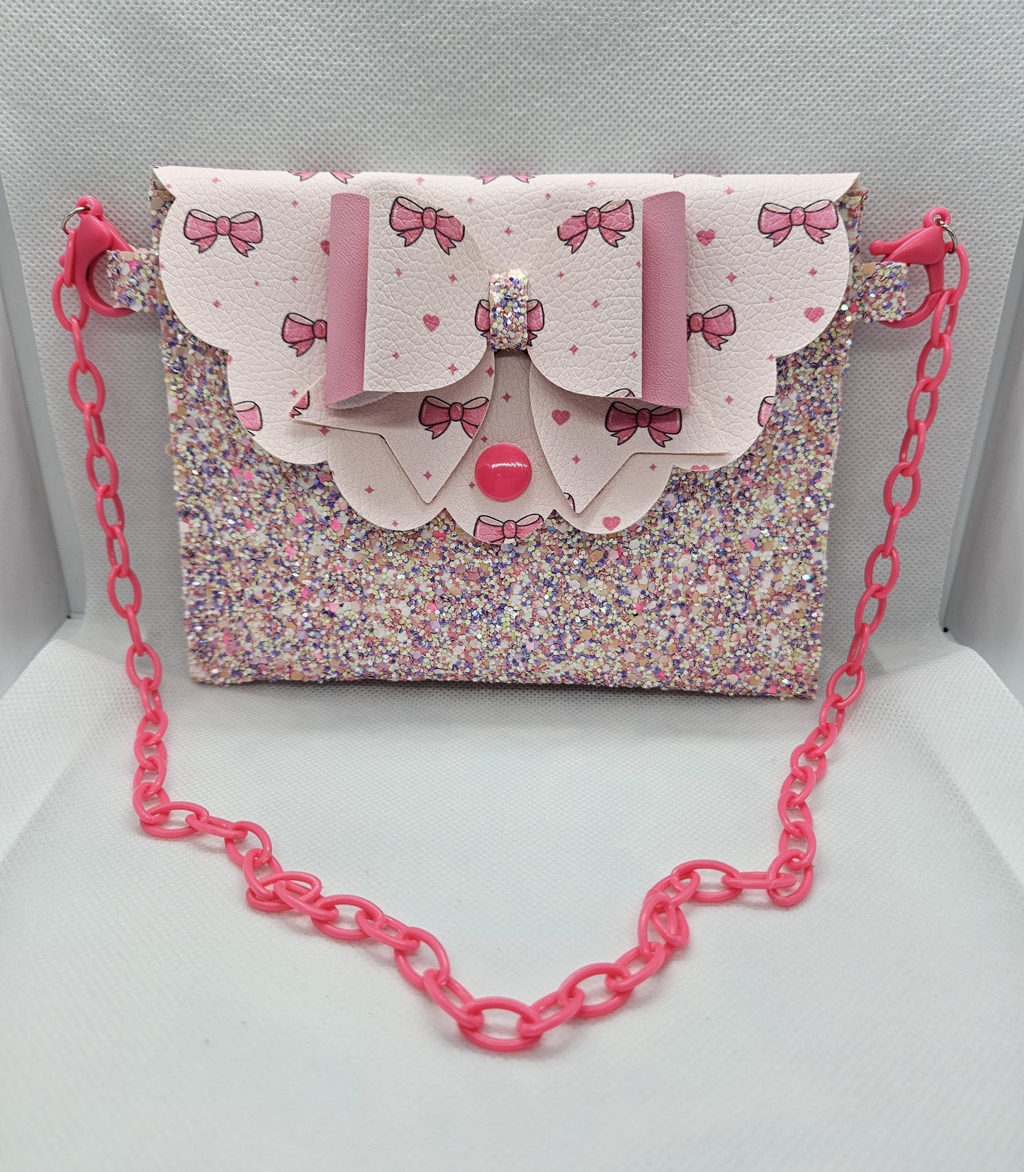 Faux Leather Kids Purse - Pastel Pink Bow Glitter